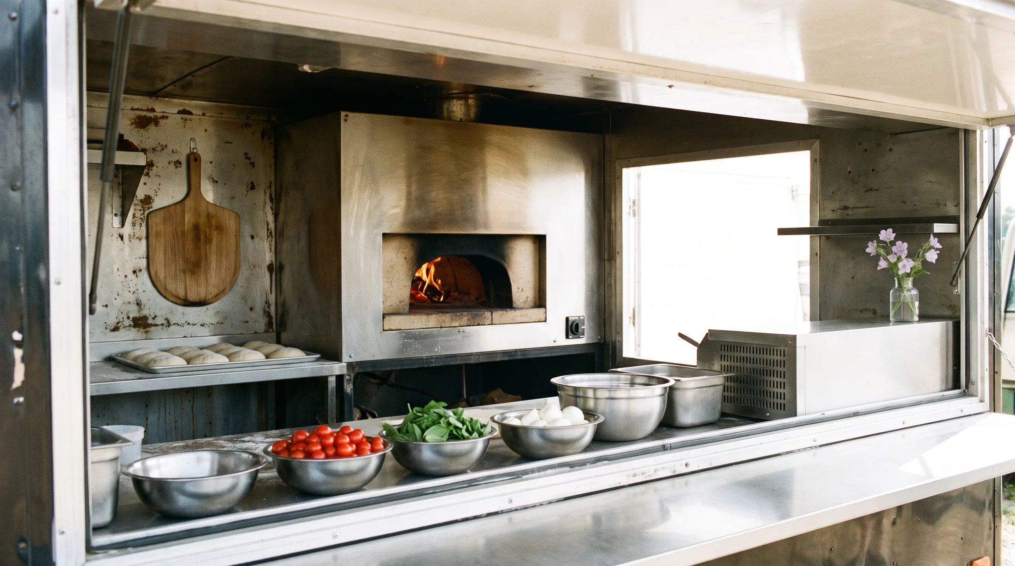 Pizzawagen mieten Detail: Blick in den Innenraum eines Pizzawagens mit Steinofen, Arbeitsplatte und Schalen mit frischen Zutaten