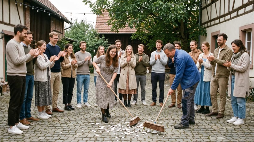 Gäste feiern Polterabend im Garten und zerschlagen Porzellan vor der Hochzeit