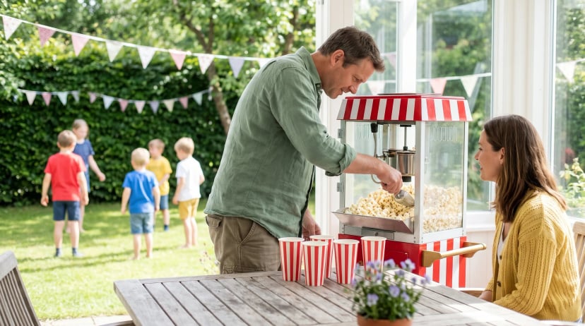 Popcornmaschine mieten: Mann füllt frisches Popcorn aus einer rot-weißen Popcornmaschine in Becher, im Garten spielen Kinder bei einem Gartenfest