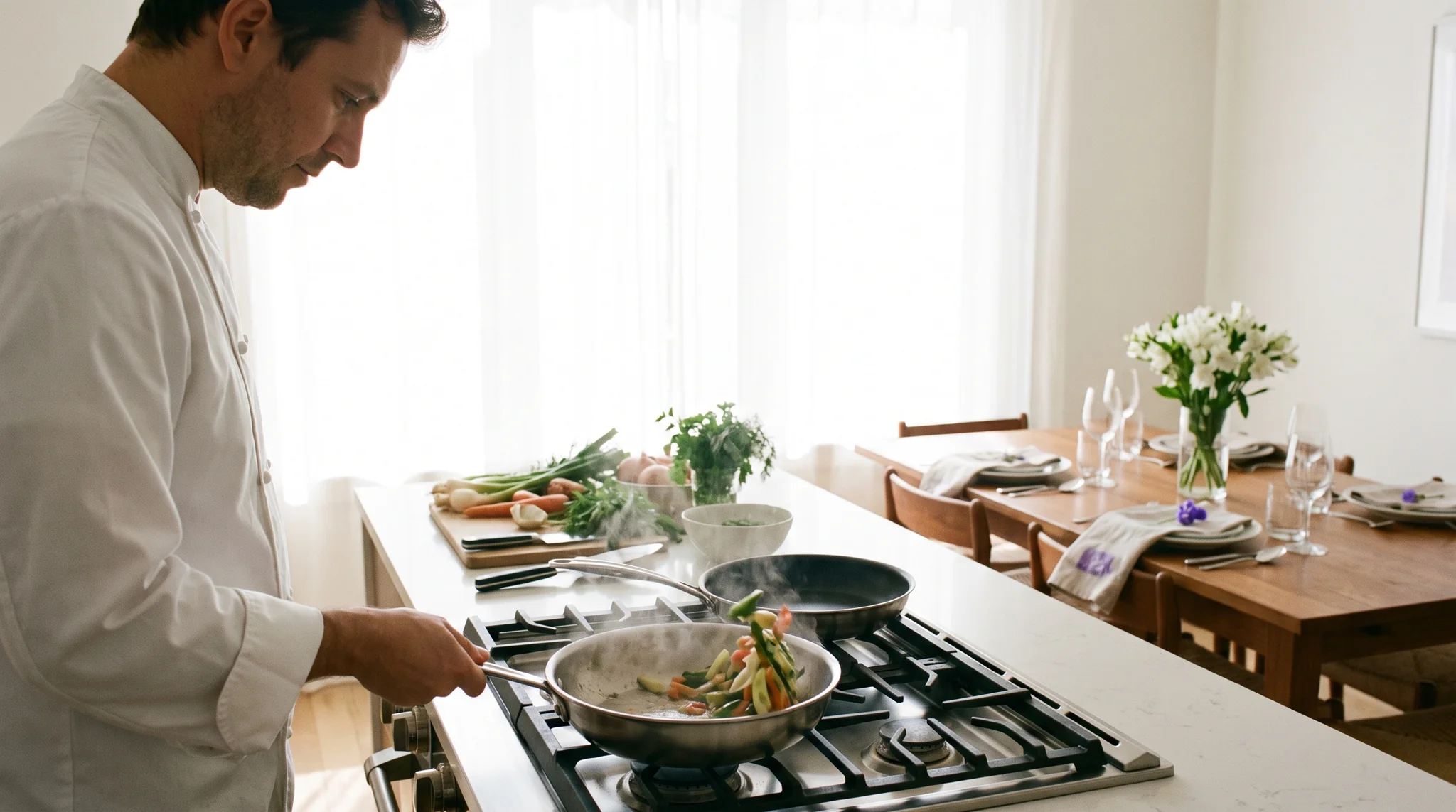 Privatkoch mieten: Koch in weißer Jacke von der Seite beim Kochen in einer hellen Wohnküche, auf der Arbeitsplatte frisches Gemüse und Pfannen