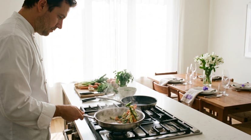 Privatkoch mieten: Koch in weißer Jacke von der Seite beim Kochen in einer hellen Wohnküche, auf der Arbeitsplatte frisches Gemüse und Pfannen