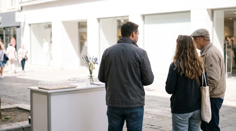 Promotion-Agentur buchen: Drei Passanten stehen in einer Einkaufsstraße an einem hellen Aktionsstand mit einem Tablett leerer Becher, daneben ein kleiner Blumenstrauß