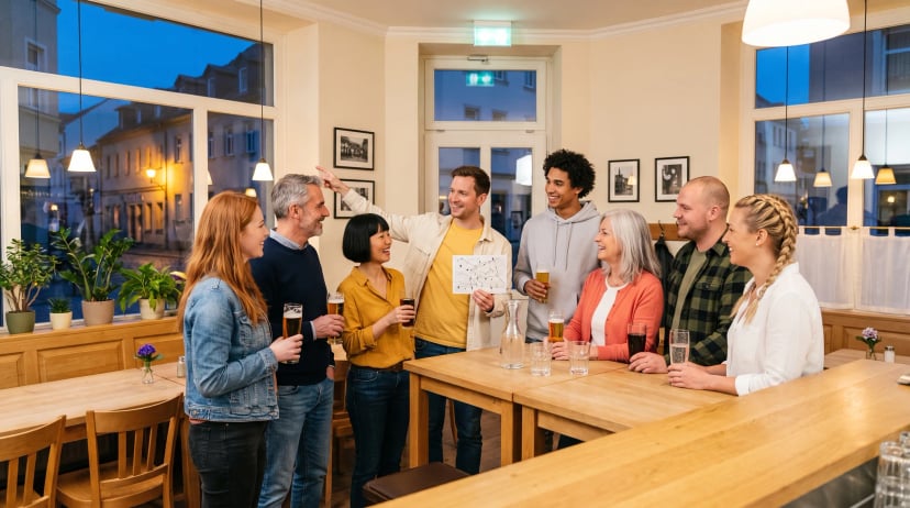 Pub Crawl am frühen Abend: Ein Guide in gelbem Shirt zeigt einer gemischten Gruppe Erwachsener in einer hellen Altstadtkneipe auf einer gezeichneten Karte die nächste Station, auf dem Stehtisch stehen Bier, Cola und Wasser