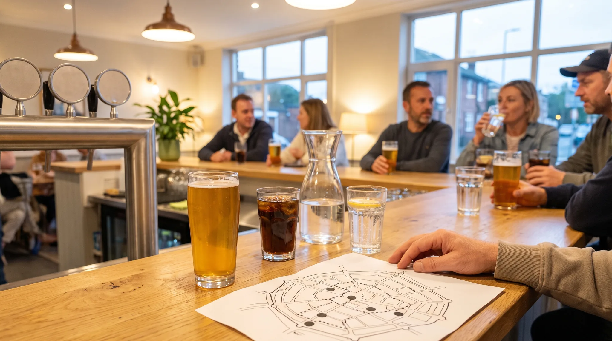 Detail vom Pub Crawl: Auf dem hellen Holztresen liegt eine gezeichnete Karte mit gepunkteter Route, daneben stehen ein Glas Bier, eine Cola, eine Wasserkaraffe und ein Wasser mit Zitrone