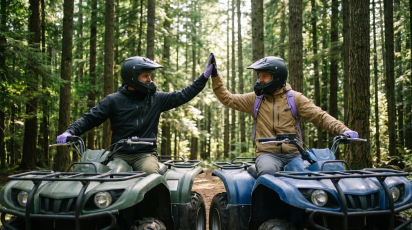 Gruppe auf geführter Quad-Tour fährt über einen matschigen Waldweg im Umland von Bonn