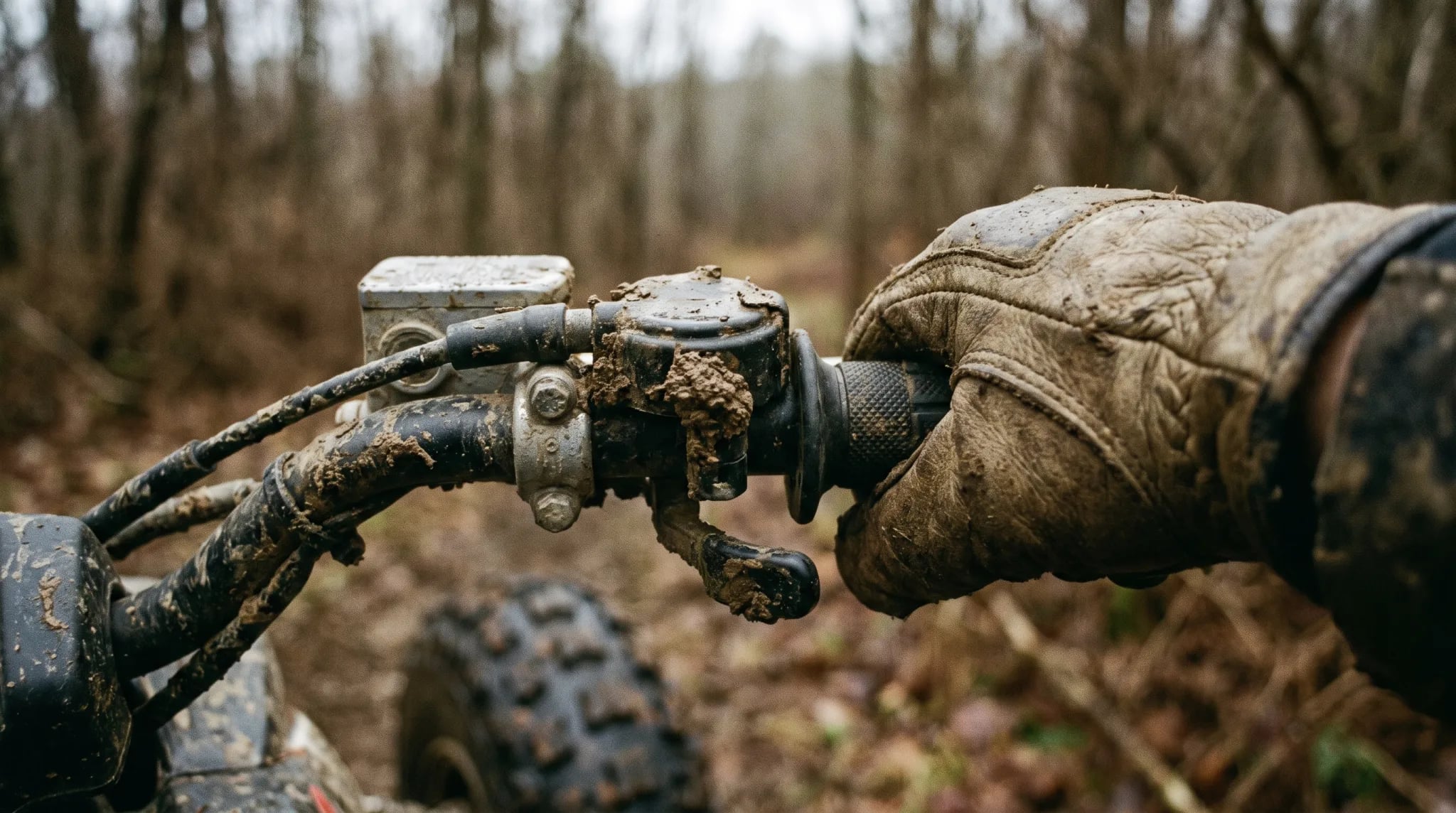 Behandschuhte Hand am schlammigen Lenker eines Quads im Gelände