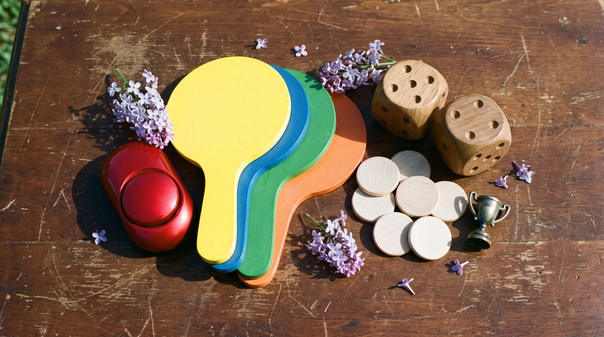 Gameshow in Berlin: roter Buzzer, bunte Antwort-Tokens, Würfel, Sanduhr und Audiokabel auf dunklem Holztisch im dramatischen Spotlight.