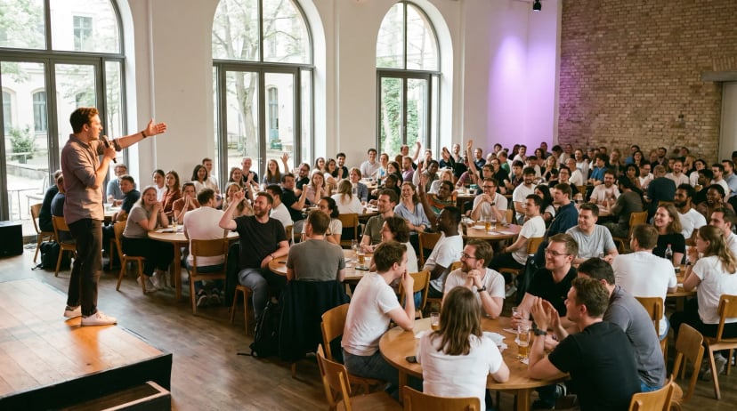 Gameshow Berlin: charismatischer Moderator mit Mikrofon vor begeisterten Teams an runden Tischen, warmes Bühnenlicht, lebhafte Stimmung.