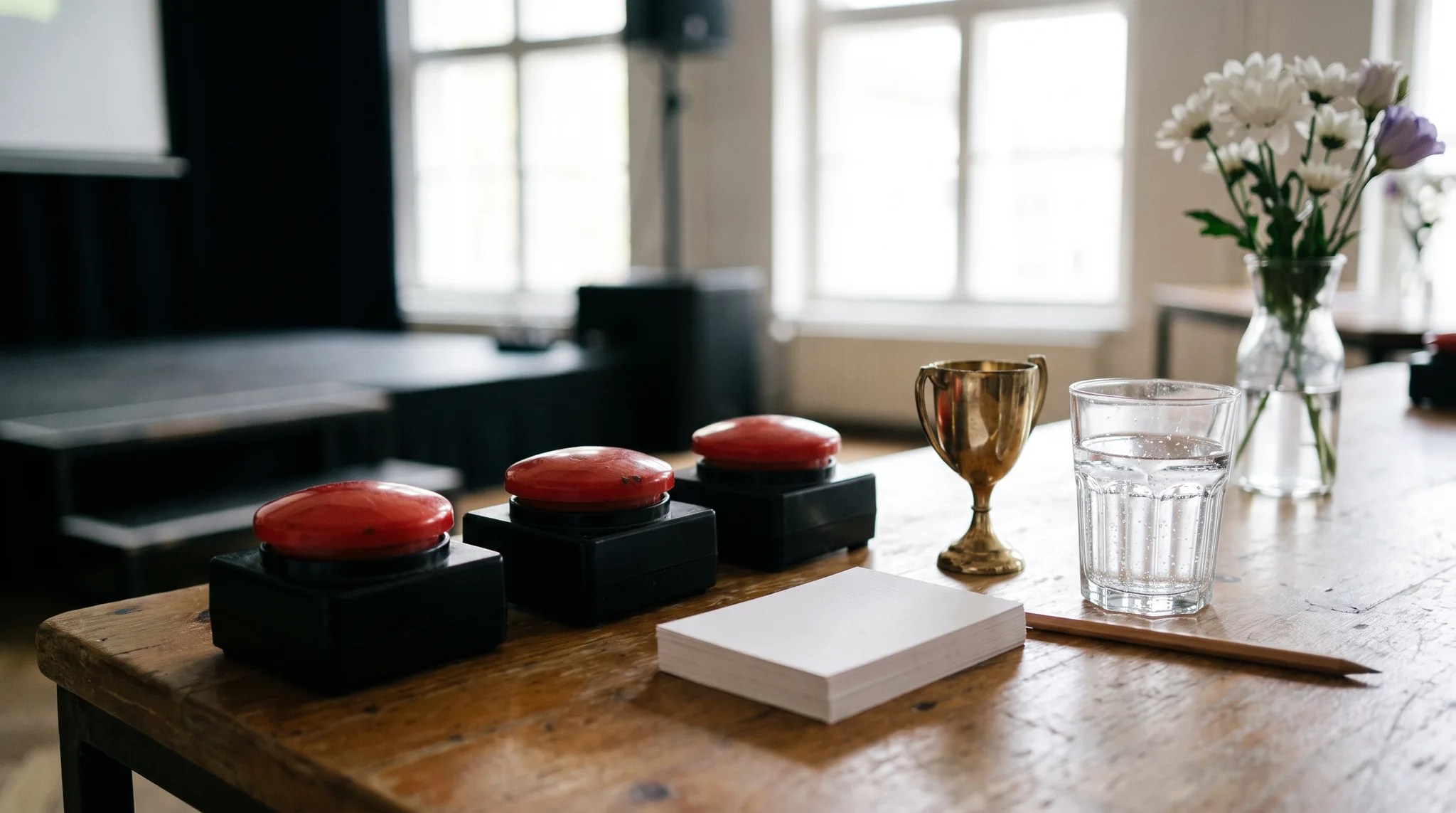Gameshow Event vorbereitet: rote Buzzer auf einem Teamtisch, daneben Pokal und Antwortkarten ohne Schrift, im Hintergrund die Bühne