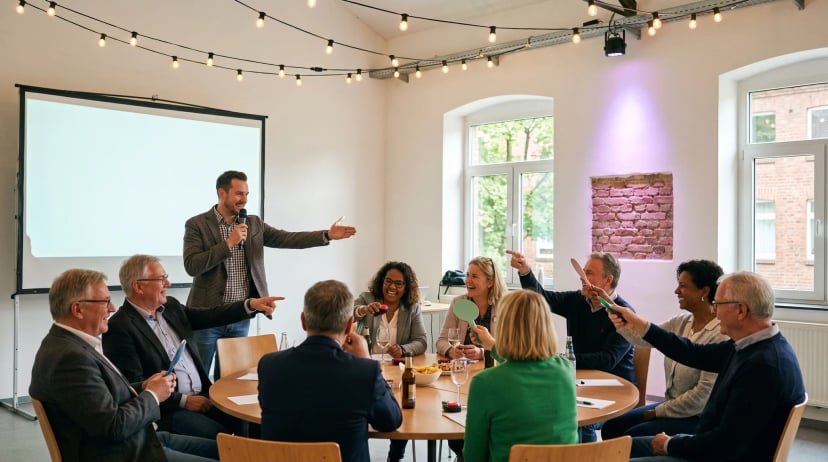 Gameshow Siegburg: Moderator am Mikrofon in warm beleuchtetem Eventraum, während gemischte Gruppen an runden Tischen mit bunten Buzzern rätseln.
