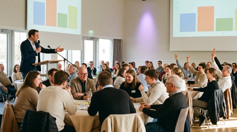 Quiz- & Gameshows Weilheim an der Teck: begeisterte Gruppen an runden Tischen in warmem Eventlicht, Buzzer leuchten, Moderator mit Mikrofon im Vordergrund