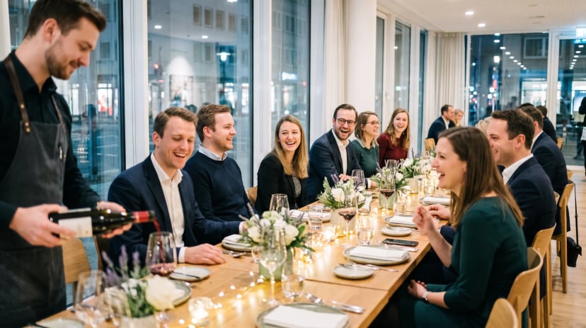 Elegant gedeckter Tisch in einem gemieteten Restaurant in Düsseldorf für eine geschlossene Gesellschaft