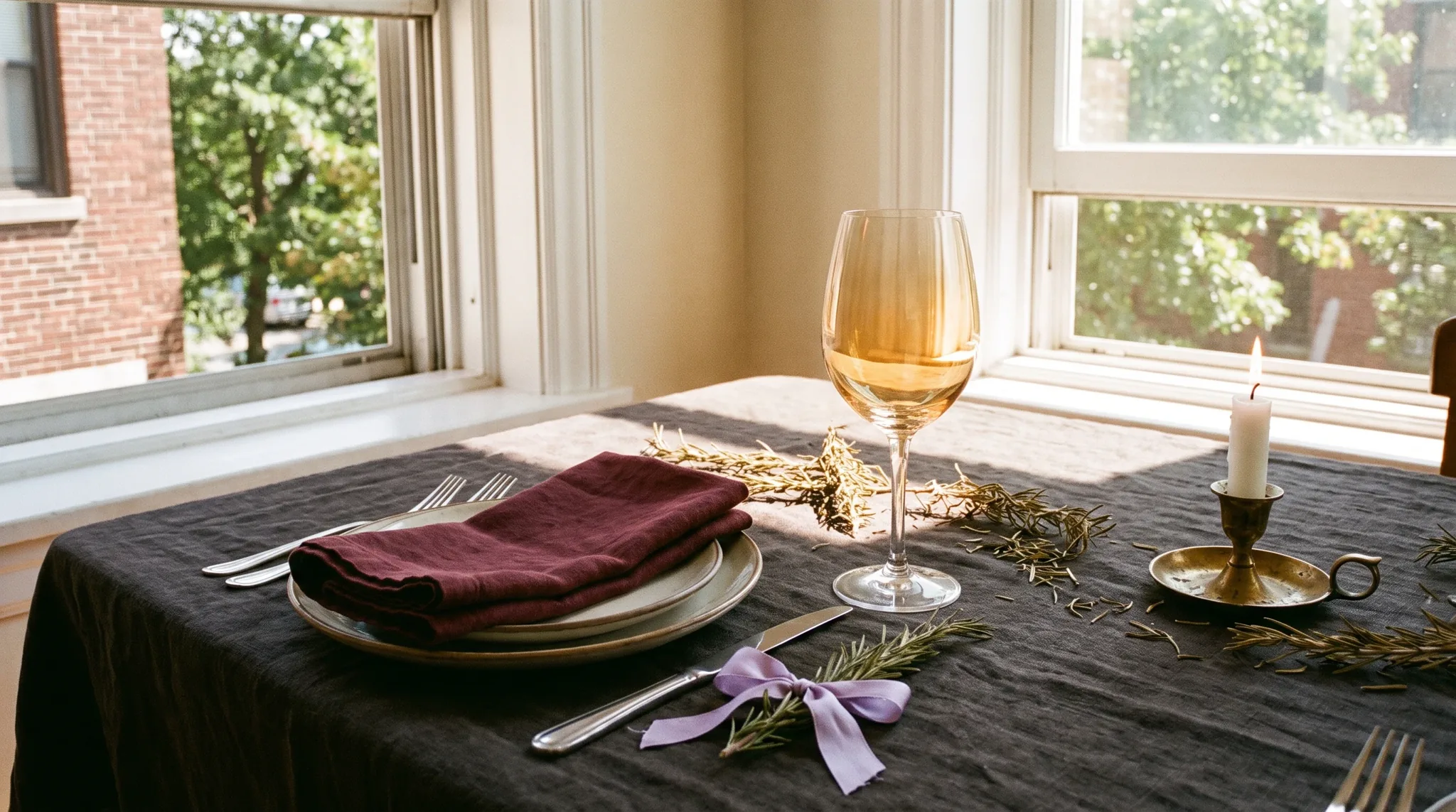 Restaurant in Remagen: Stillleben mit Tellerstapel, poliertem Besteck, Leinenserviette mit Rosmarinzweig und Teelichthaltern auf dunklem Leinentuch.