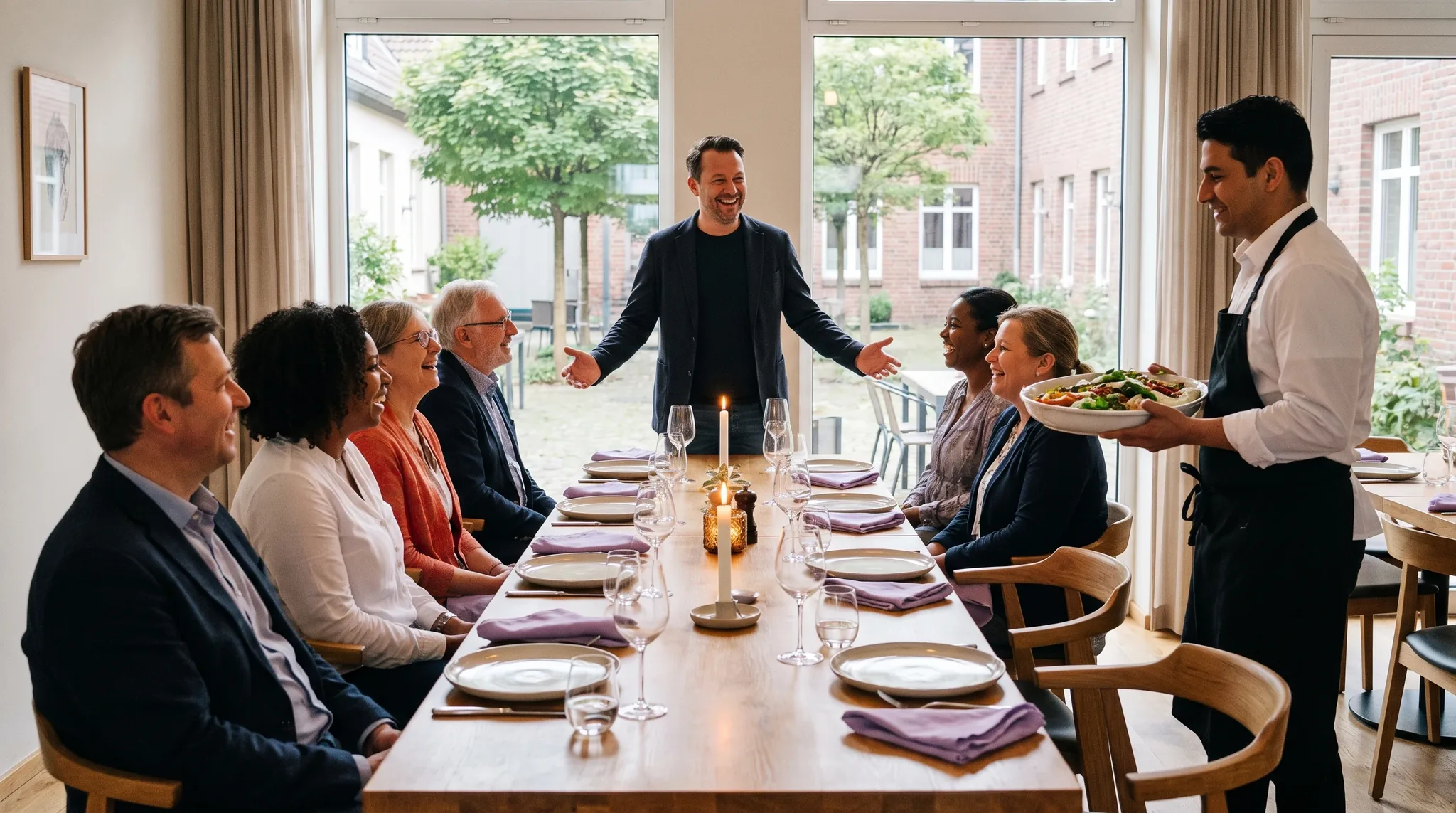 Restaurant mieten Remagen: Gruppe von acht Erwachsenen lacht und stößt an einem festlich gedeckten runden Tisch in einem warmbeleuchteten Restaurant an.