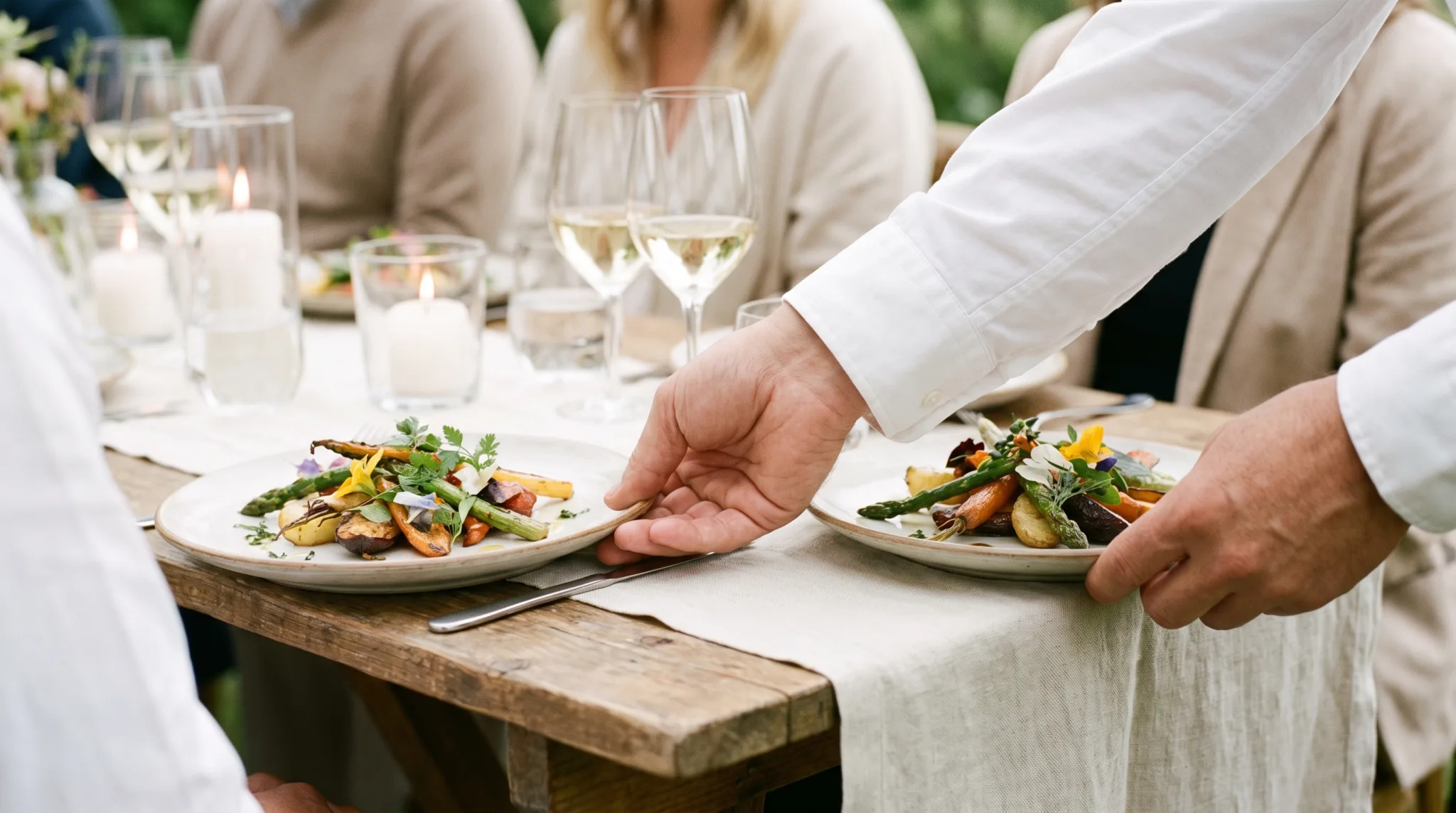 Hände einer Servicekraft servieren angerichtete Teller bei einer Feier im Restaurant