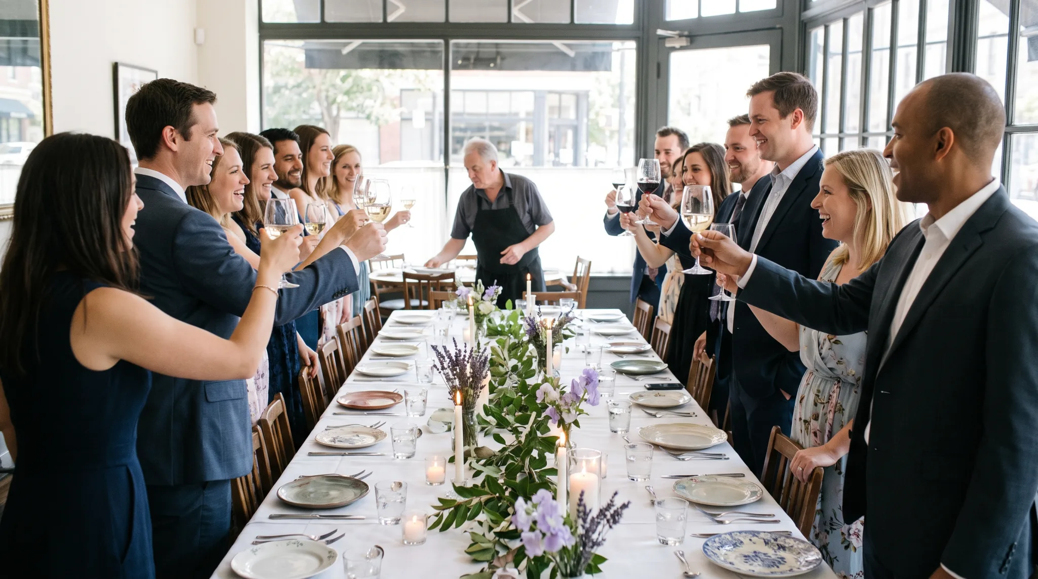 Festlich gedeckte Tafel bei privater Feier im exklusiv gemieteten Restaurant