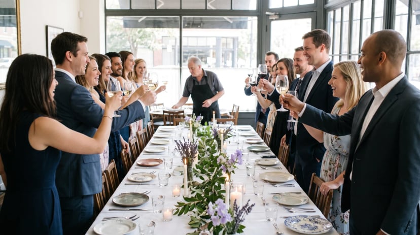 Festlich gedeckte Tafel bei privater Feier im exklusiv gemieteten Restaurant