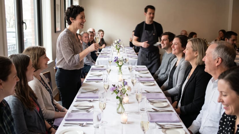 Lange festlich gedeckte Tafel bei einer privaten Feier in einem Restaurant, die Gastgeberin erhebt das Glas