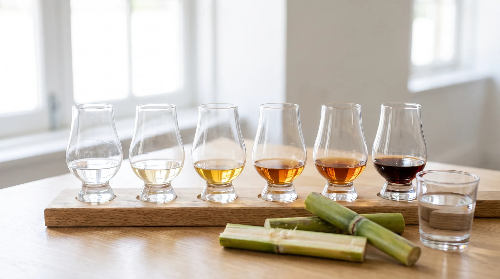 Detail vom Rum-Tasting: sechs Probiergläser auf einem Eichenbrett, von klarem weißem Rum bis dunklem Mahagoni, davor aufgeschnittenes Zuckerrohr und ein Glas Wasser