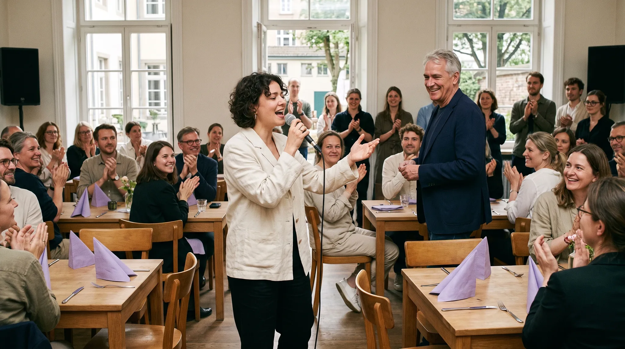 Sänger Bonn: Charismatischer Sänger mit Mikrofon tritt bei einem lebhaften Indoor-Event auf, Gäste klatschen und wiegen sich im warmen Licht.