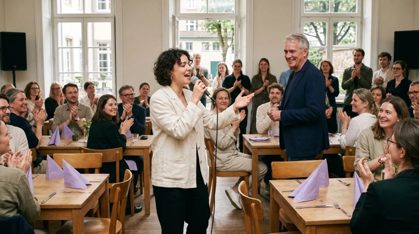 Sänger Bonn: Charismatischer Sänger mit Mikrofon tritt bei einem lebhaften Indoor-Event auf, Gäste klatschen und wiegen sich im warmen Licht.