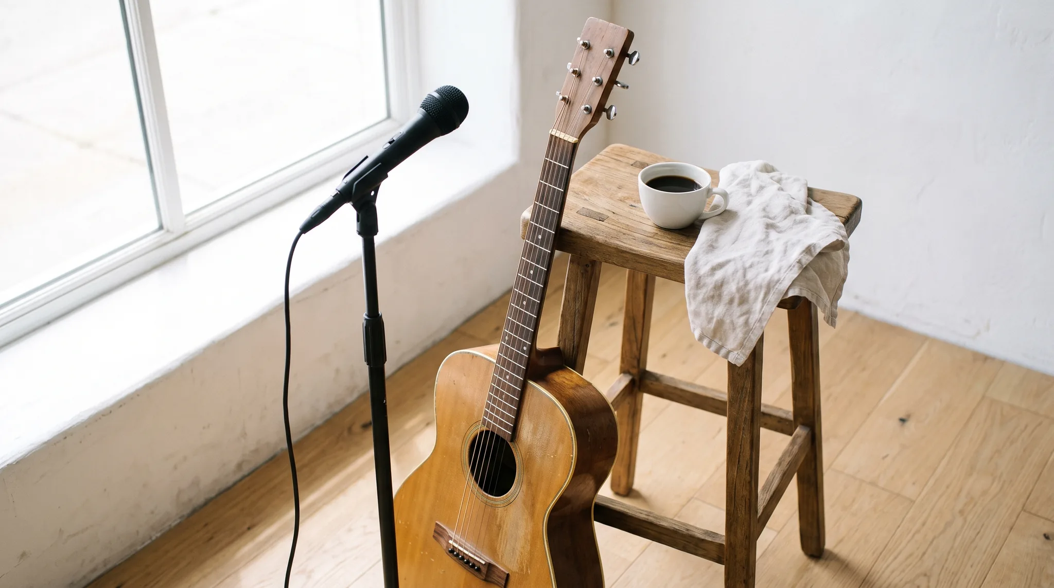 Sänger Ausrüstung: Akustikgitarre lehnt an einem Holzhocker neben einem Mikrofon auf dem Stativ in einem hellen Raum