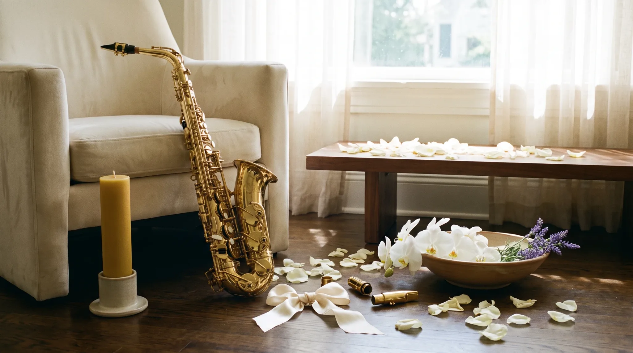 Saxophonist Hochzeit in Köln: goldenes Altsaxophon auf elfenbeinfarbenem Seidenstoff, umgeben von Rosenblütenblättern und warmem Kerzenlicht