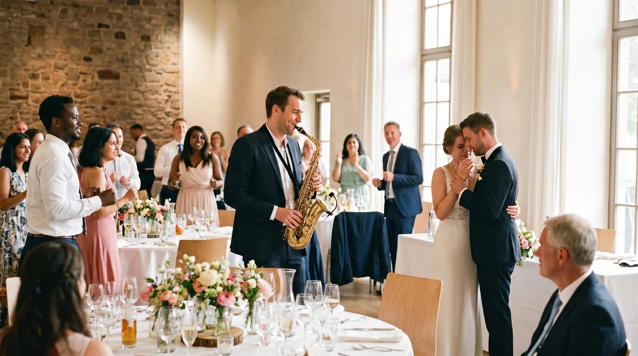Saxophonist Hochzeit Köln: Musiker spielt Saxofon beim Eröffnungstanz des Brautpaares in elegantem Saal mit Natursteinwand und festlicher Tischdekoration.