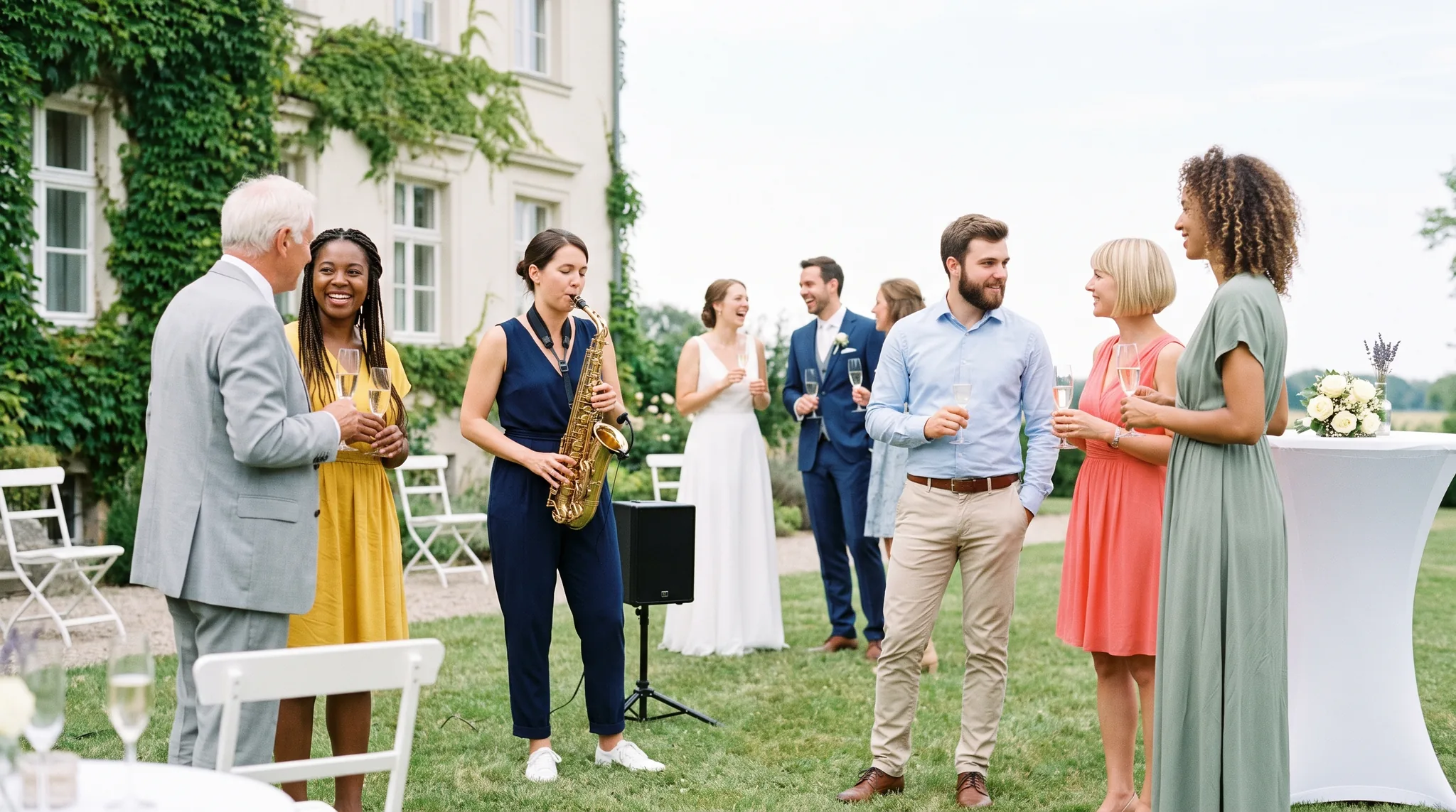 Saxophonistin im dunkelblauen Jumpsuit spielt beim Sektempfang einer Hochzeit auf dem Rasen vor einem hellen Gutshaus, um sie herum Gäste mit Sektgläsern, im Hintergrund lacht das Brautpaar