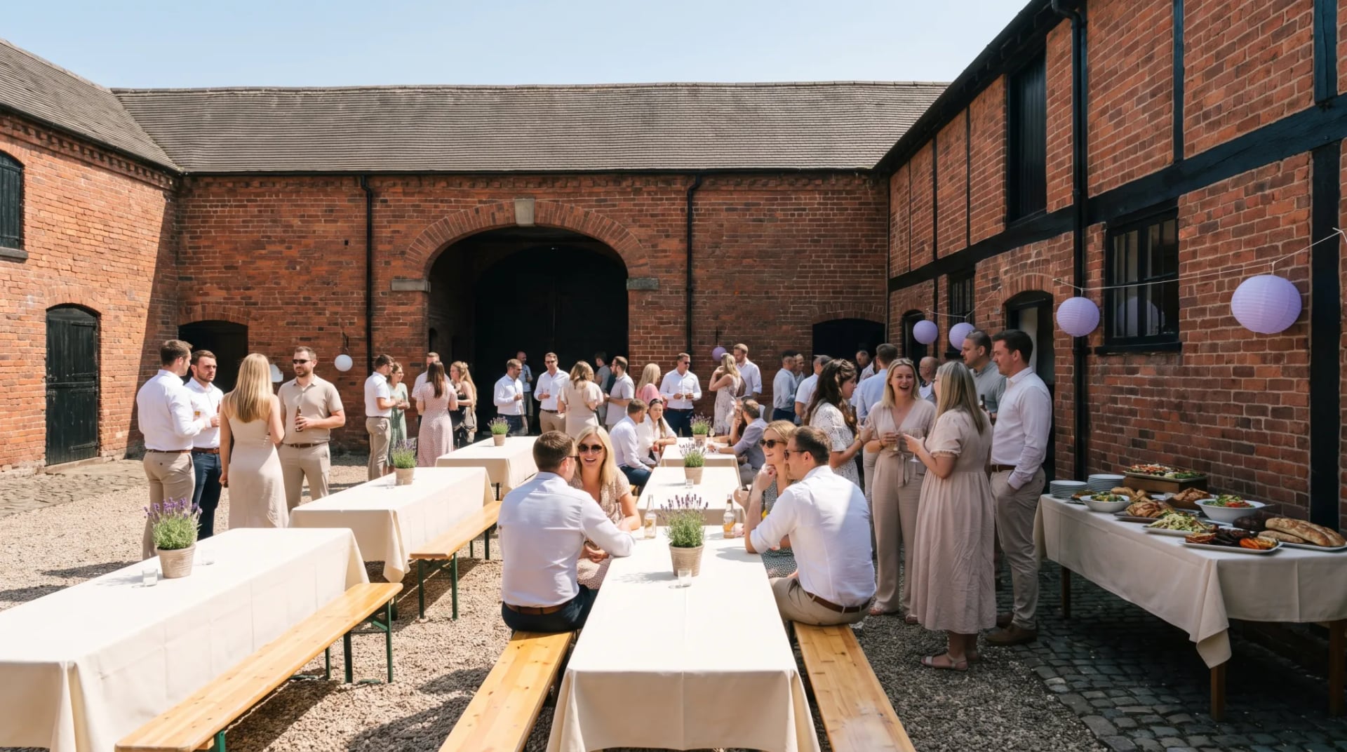 Sommerfest an langen Tischen im Innenhof eines gemieteten Gutshofs bei Düsseldorf