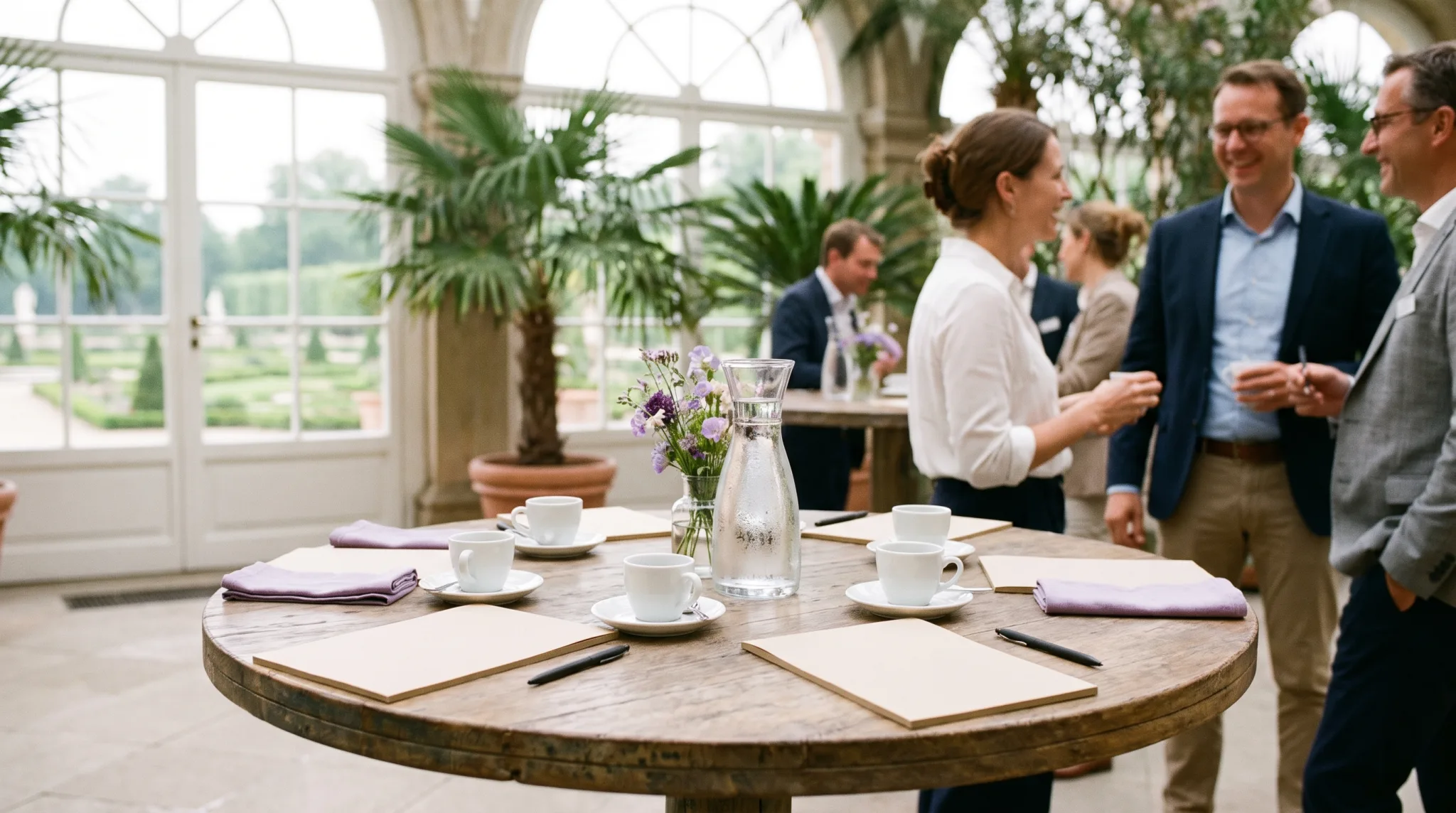 Kaffeepause mit Espressotassen im verglasten Wintergarten eines Schlosses bei Bonn