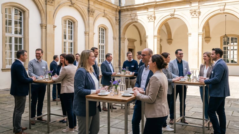 Empfang in der Pause einer Tagung im Arkadenhof eines gemieteten Schlosses in Bonn