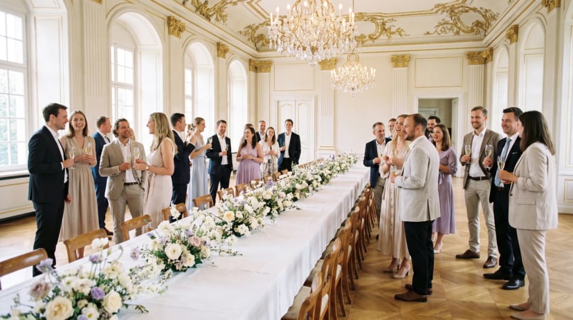 Lange Hochzeitstafel im Festsaal eines gemieteten Schlosses unter Stuckdecke und Kronleuchtern