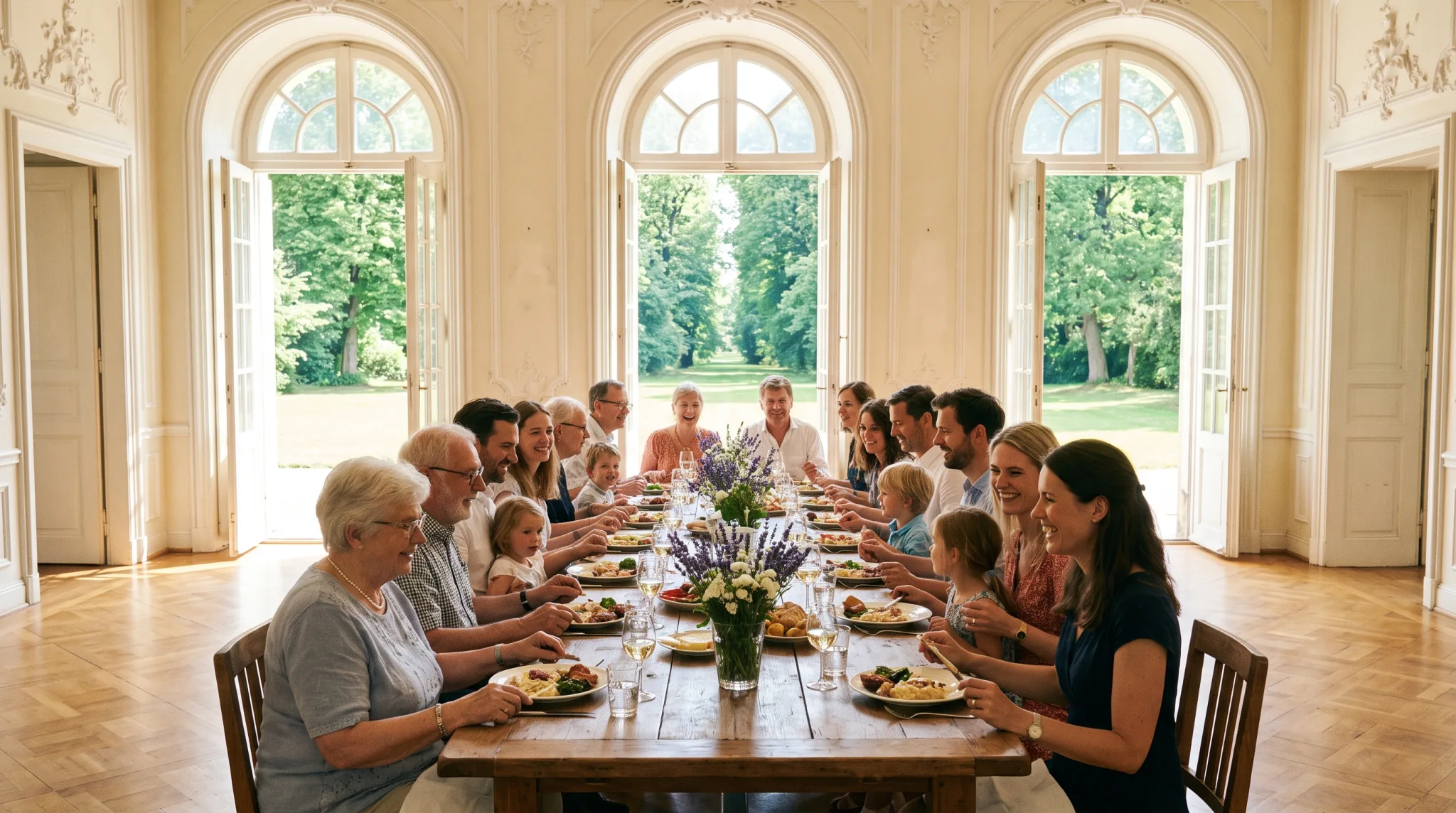 Familienfeier an langer Tafel im Gartensaal eines gemieteten Schlosses bei Siegburg