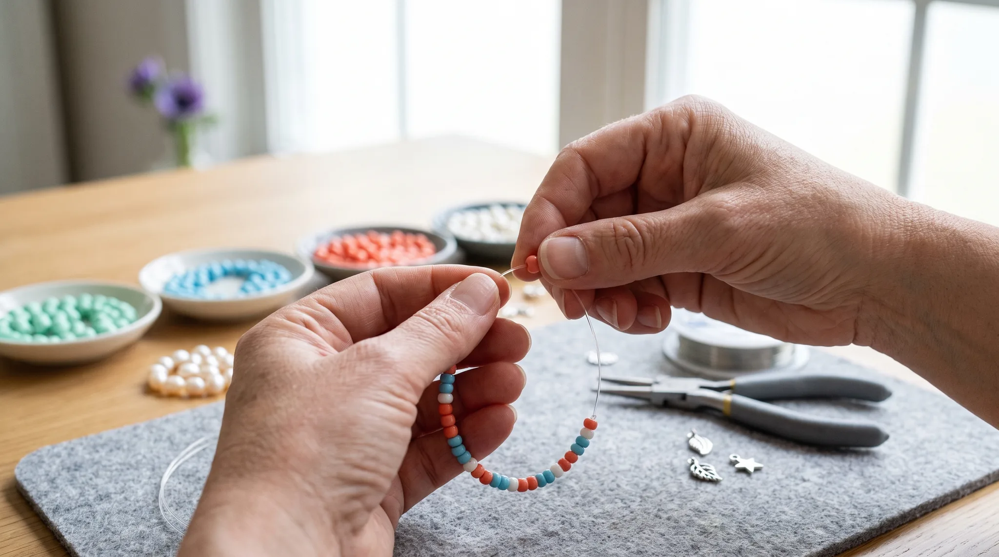 Hände fädeln eine korallfarbene Perle auf ein Armband aus blauen, weißen und korallfarbenen Perlen, daneben Schalen mit Perlen, eine Rundzange, eine Drahtspule und kleine Anhänger auf einer grauen Filzmatte