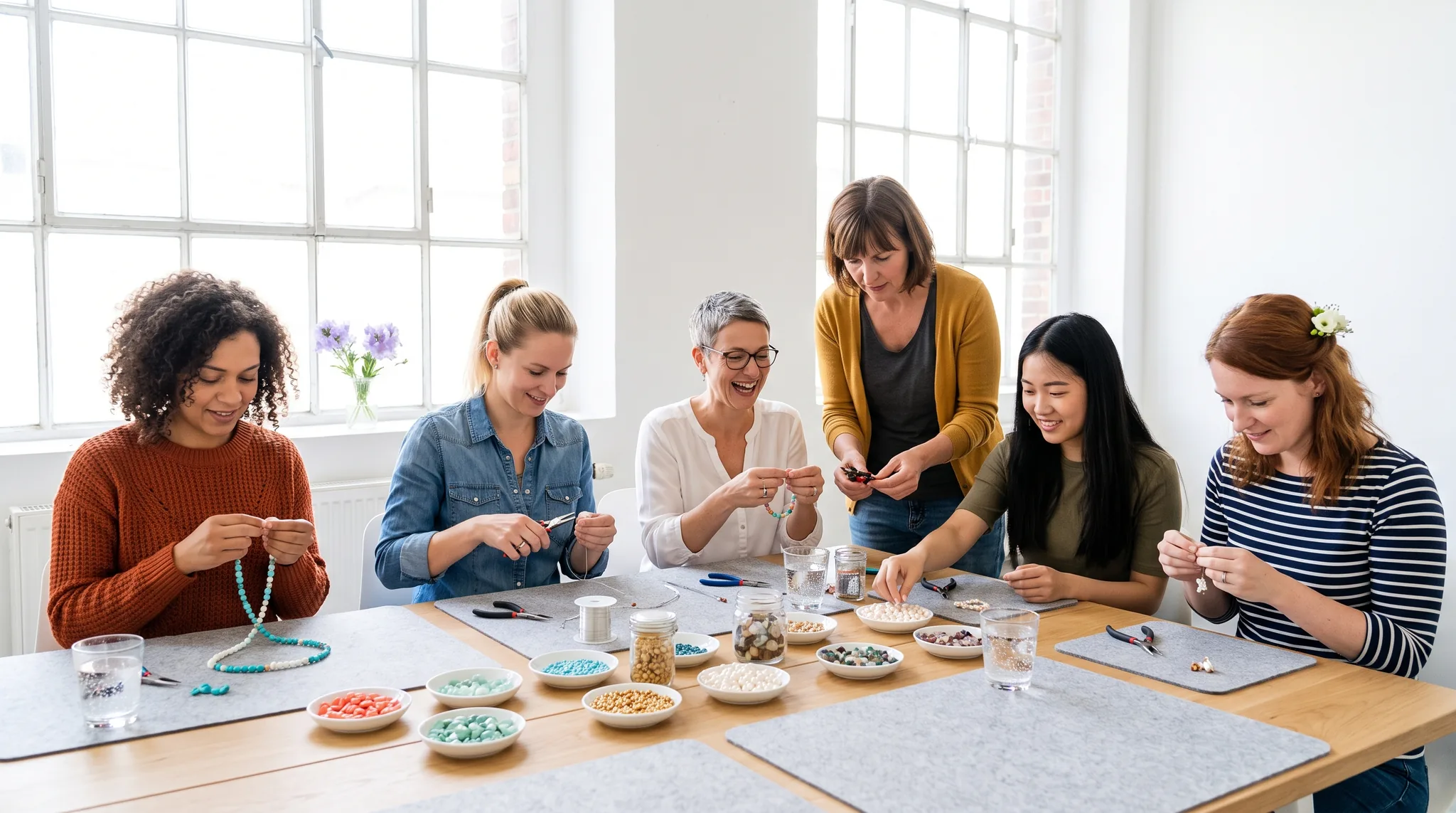 Schmuckworkshop beim JGA: Fünf Freundinnen sitzen in einem hellen Studio an einem langen Holztisch, fädeln Perlen für Armbänder und Ketten und biegen Draht mit kleinen Zangen, eine Kursleiterin zeigt etwas, auf dem Tisch weiße Schalen mit bunten Perlen und Süßwasserperlen