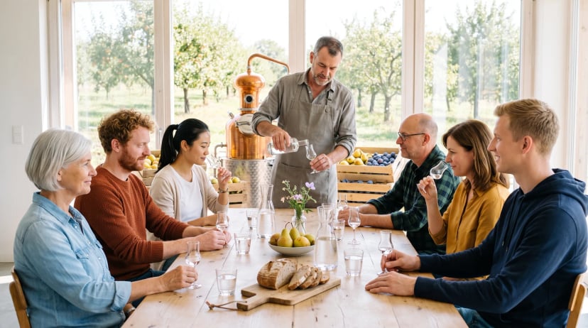 Schnaps-Tasting in einer hellen Obstbrennerei: Ein Brennmeister in grauer Schürze schenkt einen klaren Brand in ein Tulpenglas, sechs Gäste probieren am Holztisch mit Wasser und Bauernbrot, dahinter eine kupferne Brennblase, Obstkisten und eine Streuobstwiese