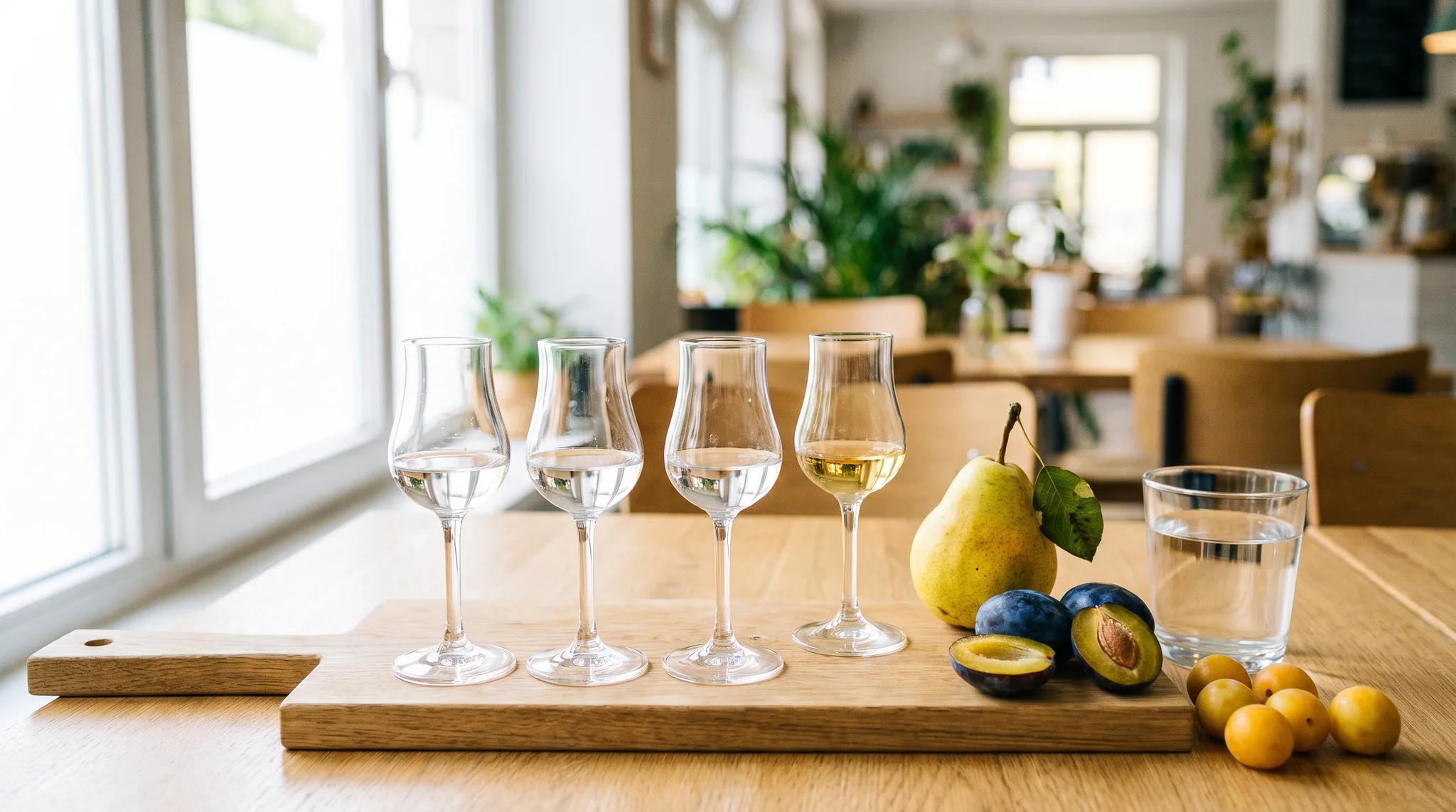 Detail vom Schnaps-Tasting: vier Tulpengläser mit klaren Bränden auf einem Eichenbrett, daneben Birne, halbierte Zwetschgen, Mirabellen und ein Glas Wasser