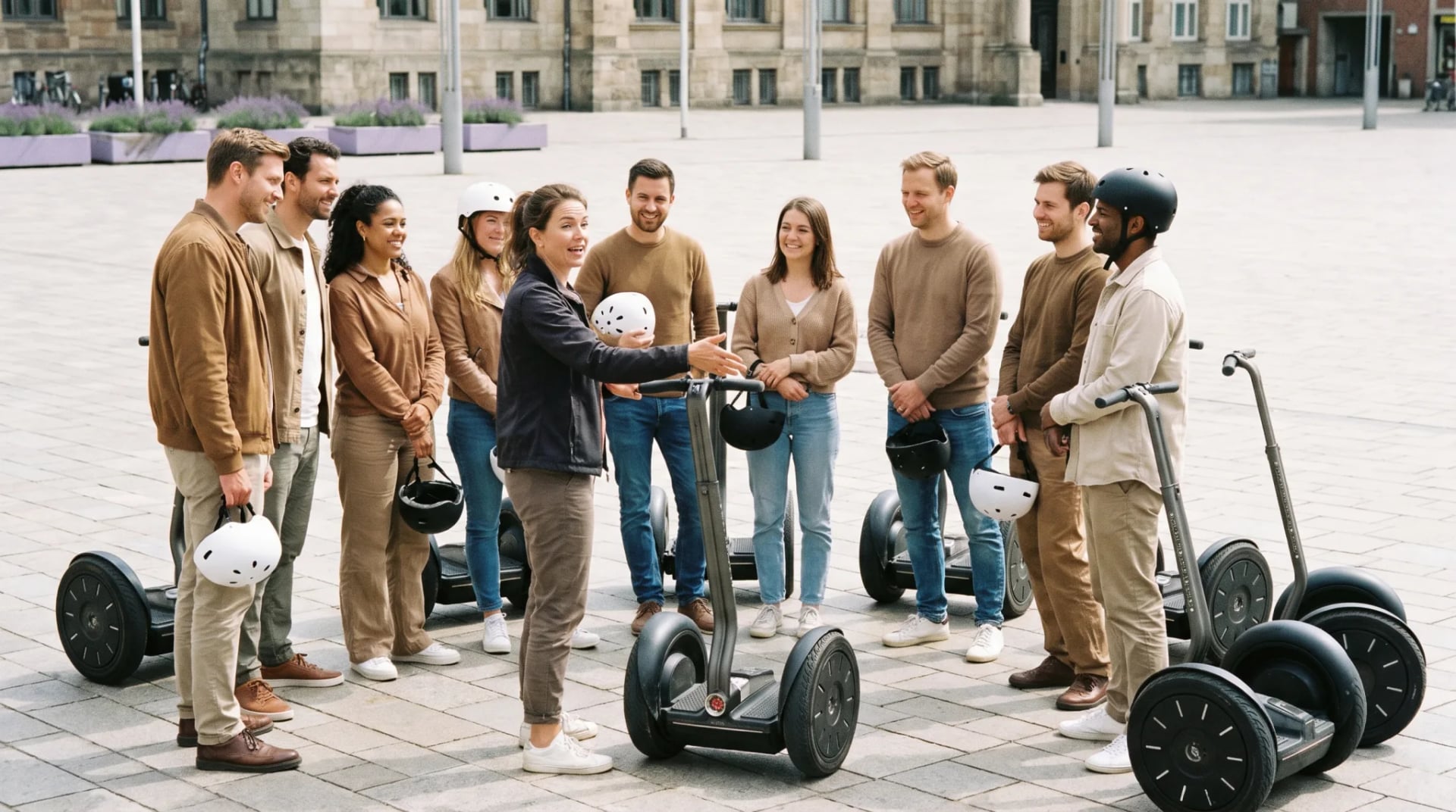 Gruppe auf geführter Segway-Tour fährt mit Helmen durch die Altstadt von Düsseldorf