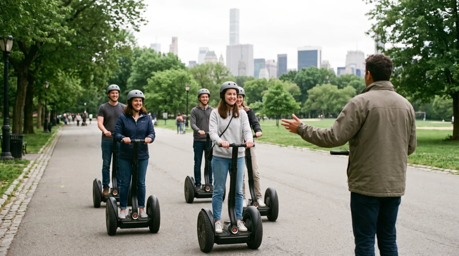Gruppe auf geführter Segway-Tour fährt mit Helmen durch einen Park