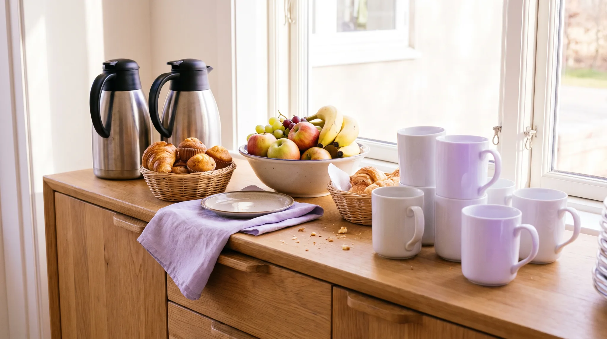 Kaffeepause mit Thermoskannen und Tassen auf dem Sideboard eines Tagungsraums in Bonn