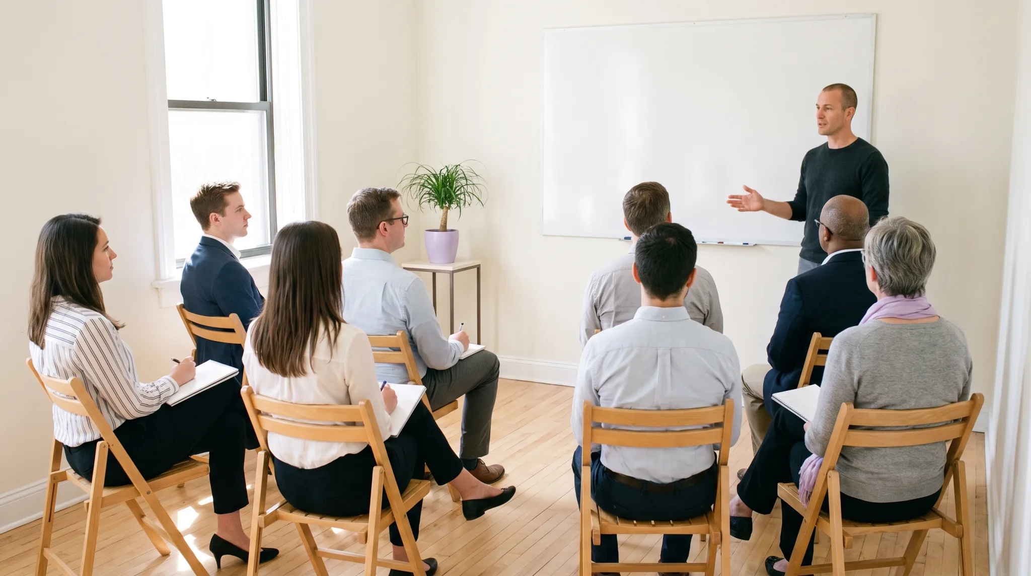 Schulungsraum in Siegburg mit Reihenbestuhlung und Trainer am leeren Whiteboard