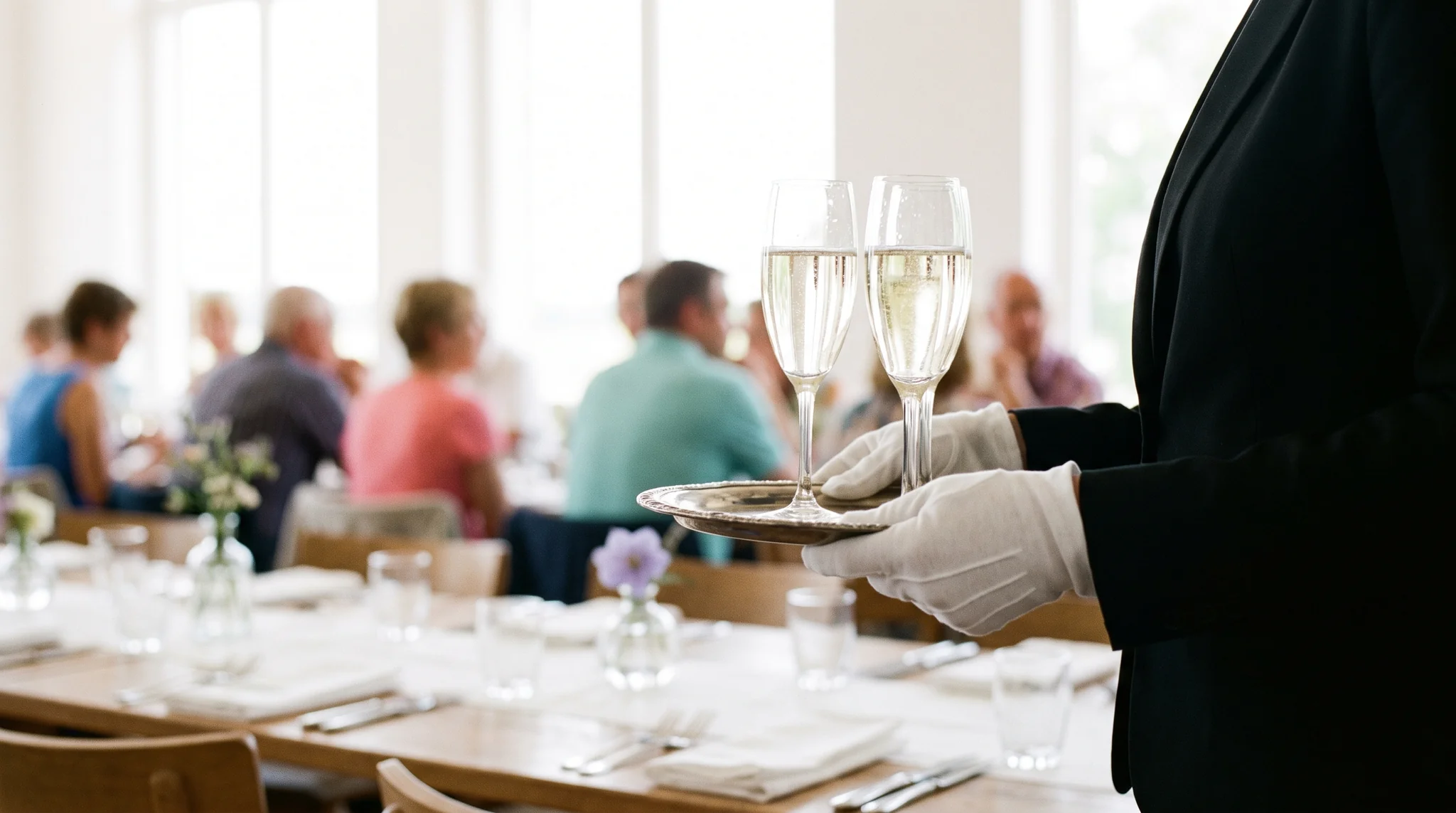 Servicepersonal Detail: Hände einer Servicekraft in weißen Handschuhen tragen zwei Gläser Sekt auf einem Tablett an gedeckten Tischen vorbei