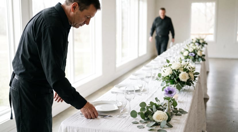 Servicepersonal mieten: Servicekraft im schwarzen Hemd von der Seite beim Eindecken einer festlich gedeckten Hochzeitstafel in einem hellen Saal