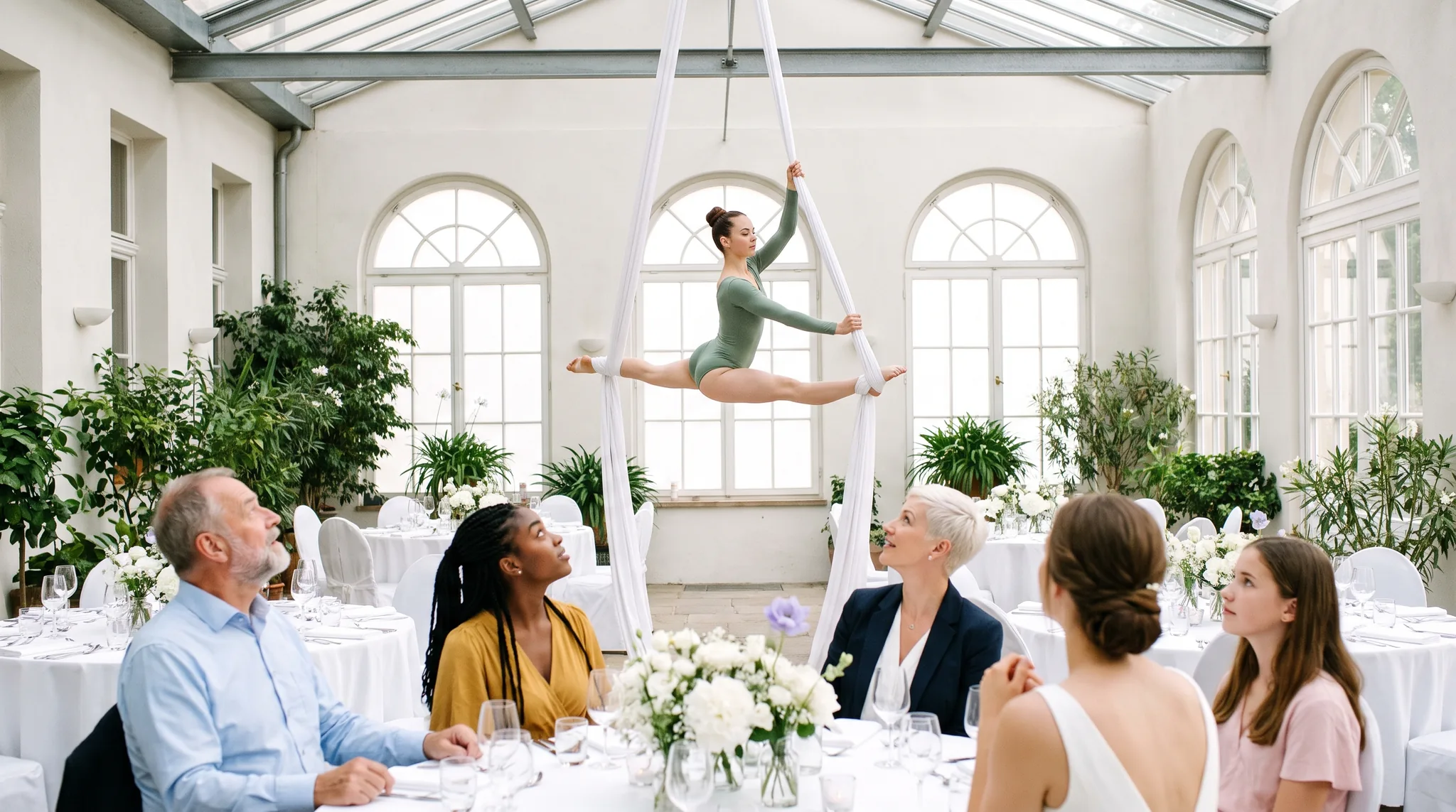 Showact bei einer Hochzeit: Luftakrobatin im Spagat am weißen Vertikaltuch in einer hellen Orangerie, Hochzeitsgäste an runden Tischen schauen nach oben