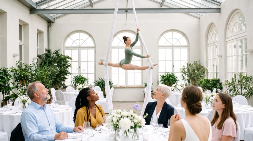 Showact bei einer Hochzeit: Luftakrobatin im Spagat am weißen Vertikaltuch in einer hellen Orangerie, Hochzeitsgäste an runden Tischen schauen nach oben