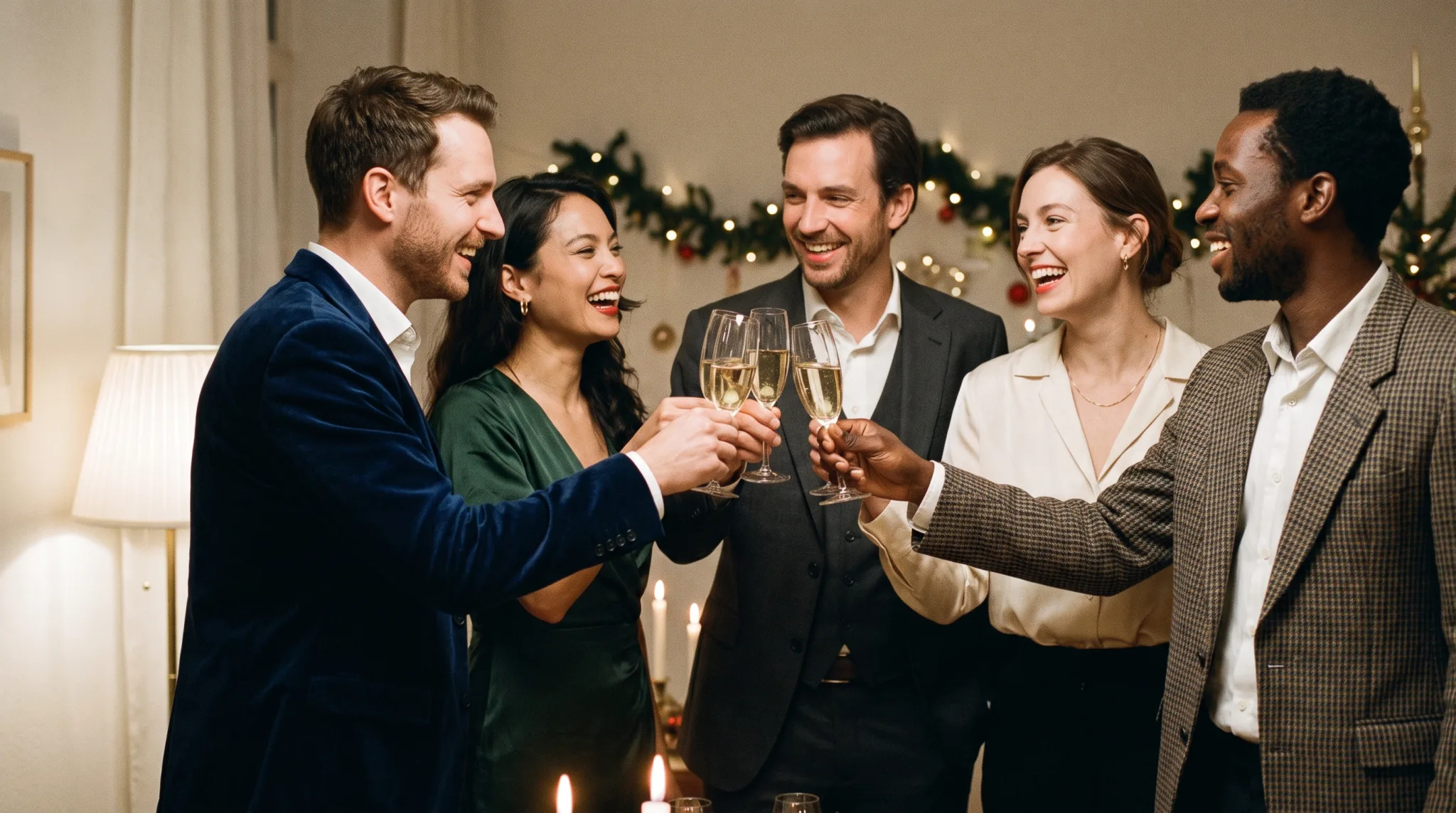Festlich gedeckter Tisch mit Sekt und Silvesterdeko in einer Eventlocation
