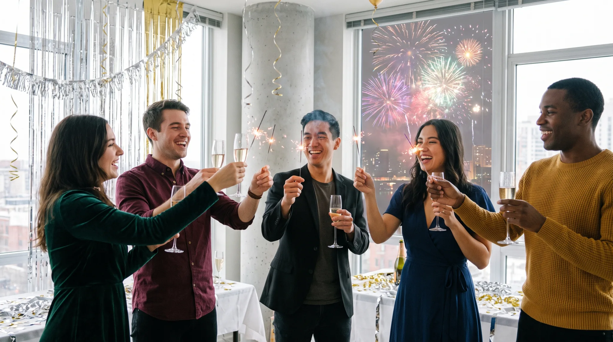 Gäste feiern Silvesterparty mit Sekt und Konfetti in dekorierter Eventlocation