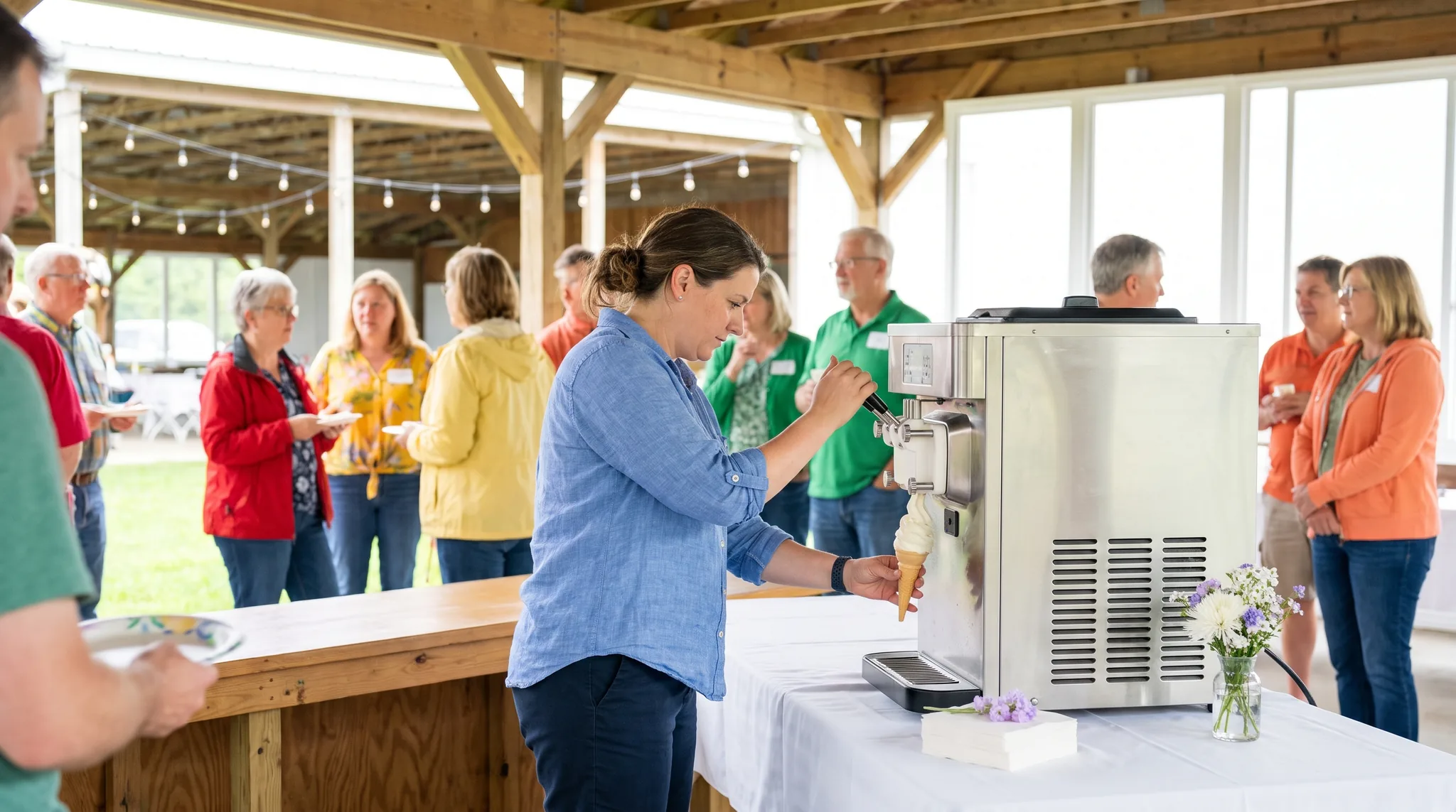 Softeismaschine mieten: eine Frau zieht an einer gewerblichen Softeismaschine ein Softeis in die Waffel, Gäste stehen bei einem Sommerfest unter einem Pavillon