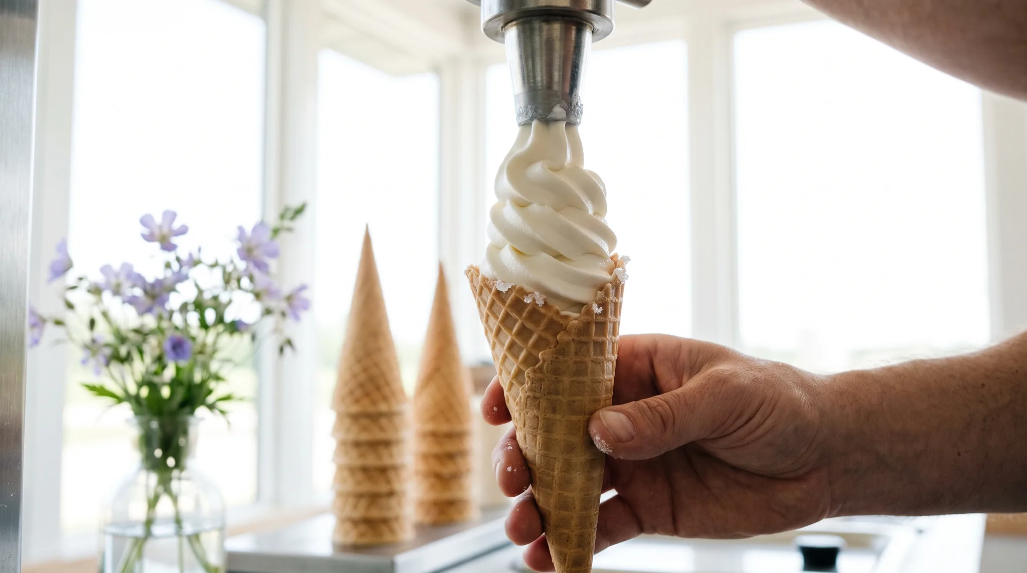 Softeismaschine mieten Detail: cremiges Softeis läuft aus der Düse der Maschine in eine Waffel, die eine Hand hält